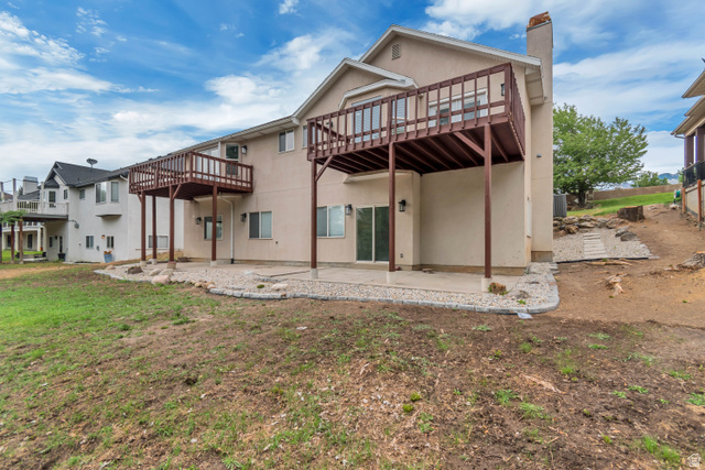 2154 Wasatch Boulevard Sandy, UT 84092 - Photo 31 of 55 Rear view of property featuring a patio, a chimney, a wooden deck, and stucco siding