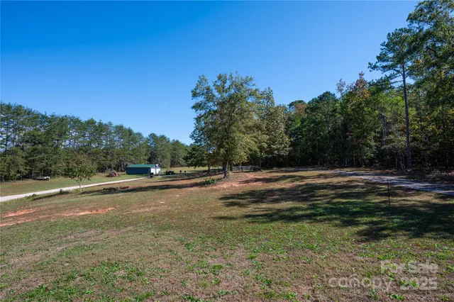 a view of a field with trees in the background
