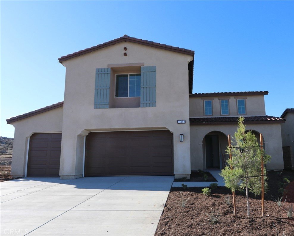 a front view of a house with plants and garage