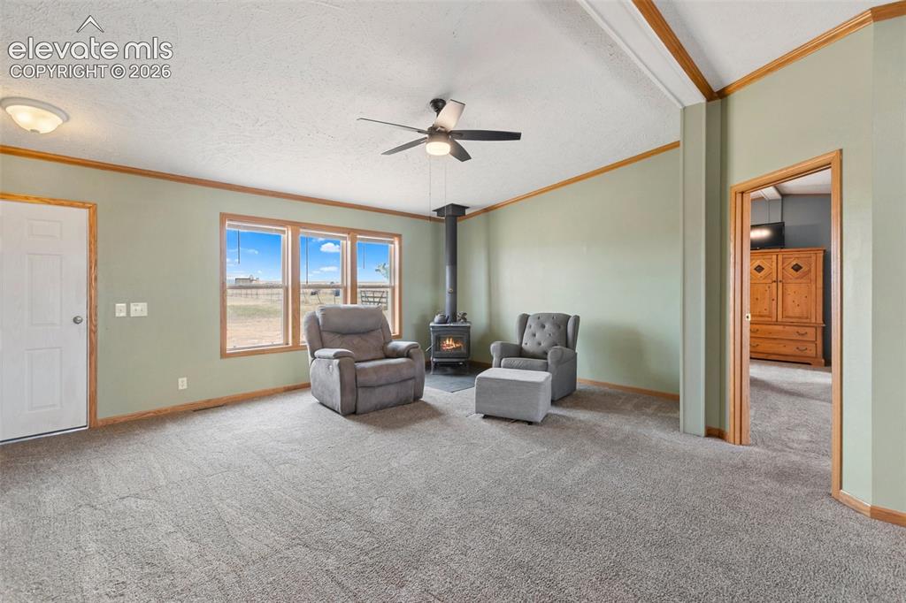 1350 South Calhan Highway Yoder, CO 80864 - Photo 16 of 45 Spacious interior featuring a freestanding wood-burning stove, triple window unit, ceiling fan with integrated lighting, and neutral carpeting