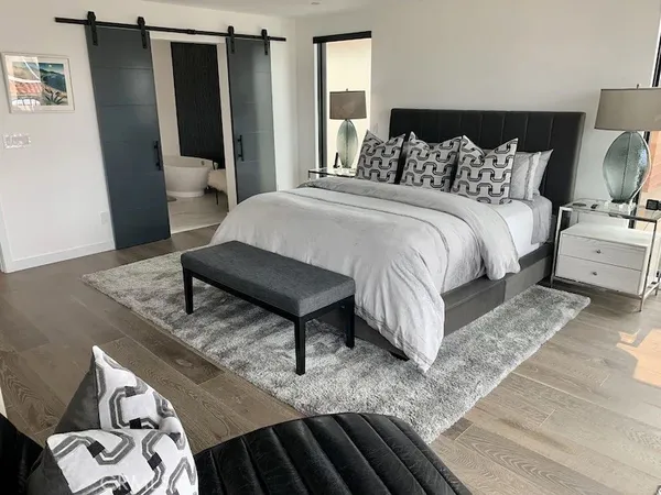 a bath tub sitting in a bathroom