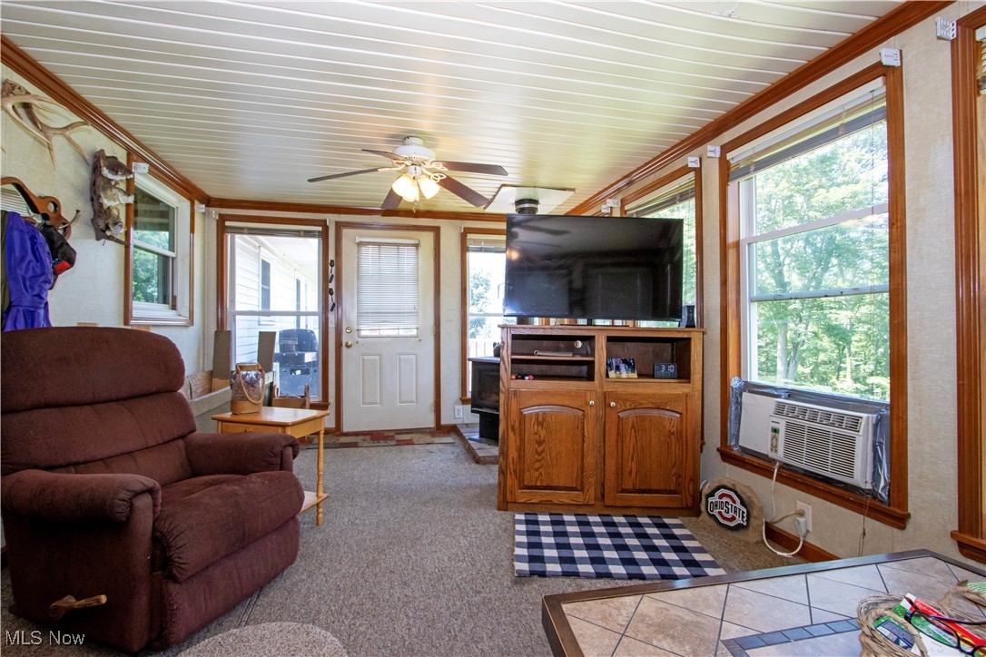 1292 Cinder Road Southeast Carrollton, OH 44615 - Photo 27 of 42 Living room with cooling unit, crown molding, ceiling fan, plenty of natural light, and light carpet