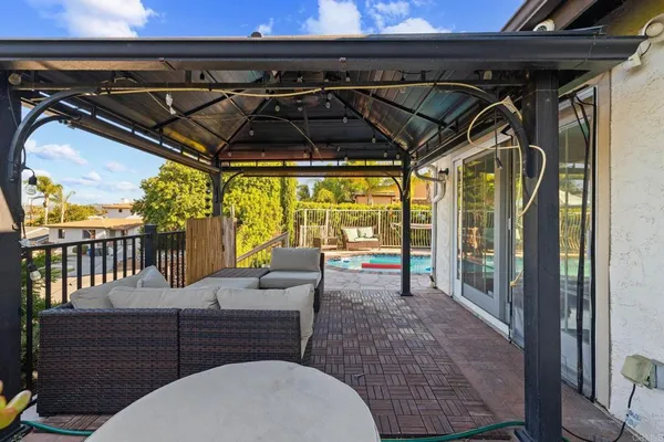 a view of a chairs and table in patio