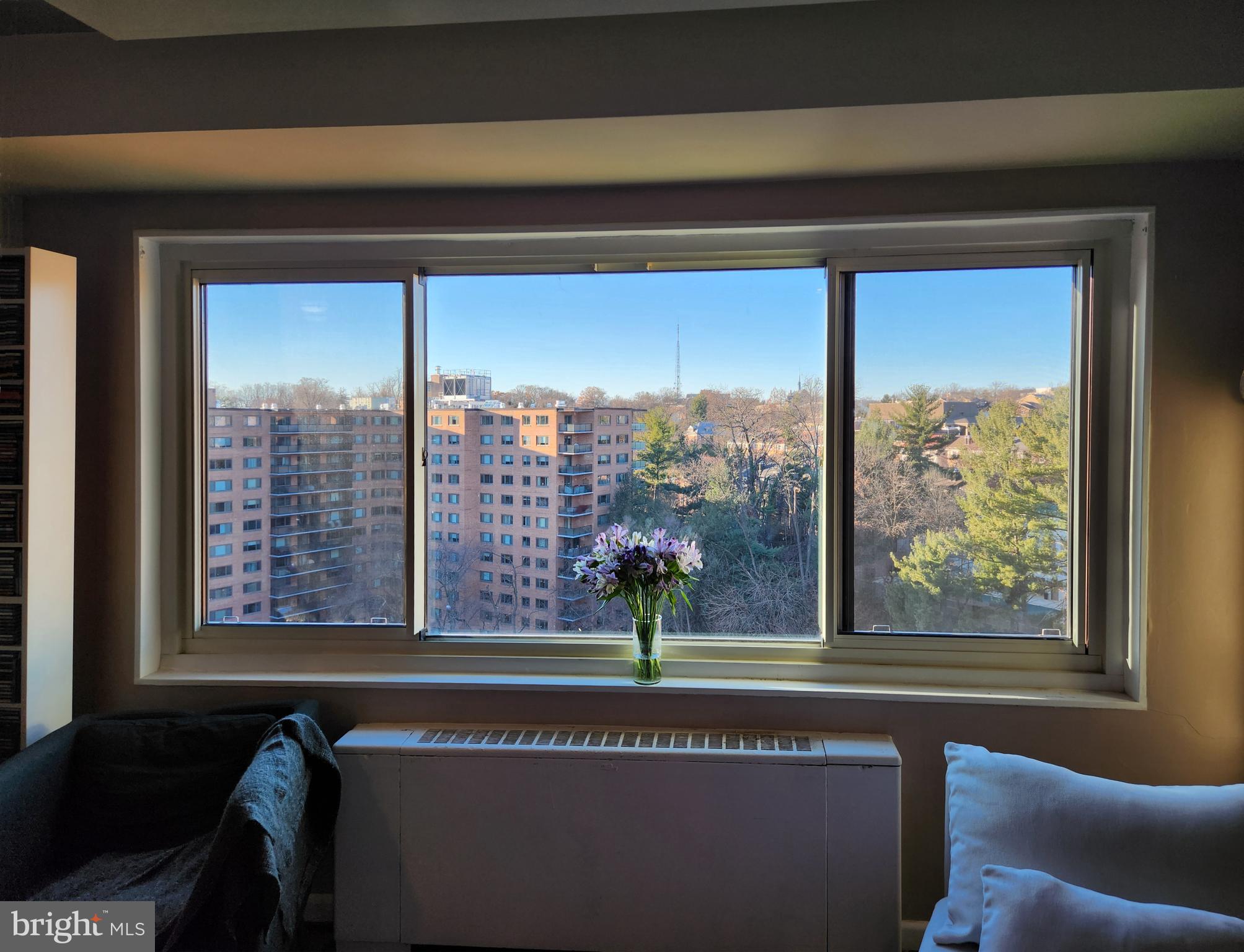4201 Cathedral Avenue Northwest, Unit 1418E Washington, DC 20016 - Photo 11 of 17 a view of a living room and a floor to ceiling window