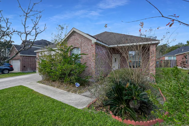 a backyard of a house with plants and outdoor seating
