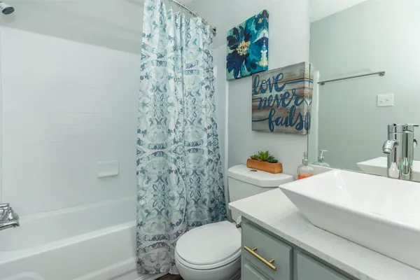a bathroom with a sink a toilet and a shower curtain