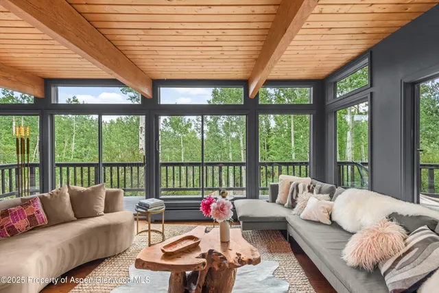 a outdoor living space with furniture potted plant and large windows