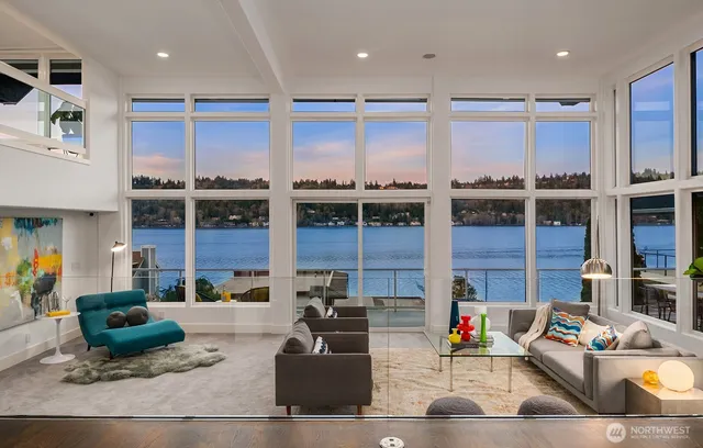 a view of a dining room with furniture window and outside view