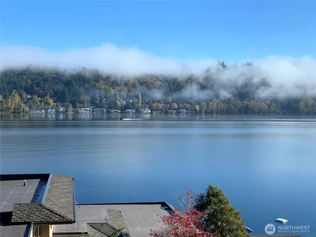 a view of a lake with a city