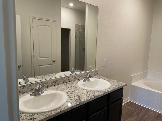 18741 Speculator Lane Elgin, TX 78621 - Photo 16 of 28 a bathroom with a sink double vanity granite tub shower and a mirror