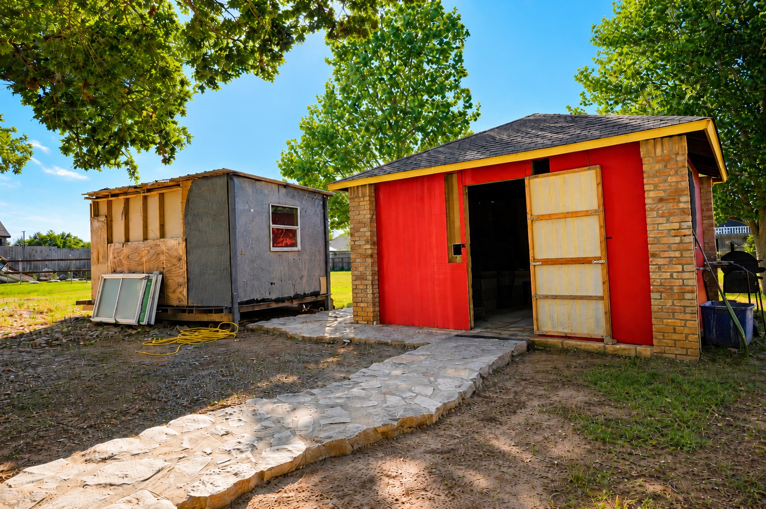 158 Buena Fortuna Road Elgin, TX 78621 - Photo 29 of 40 Two distinct outbuildings connected by a stone pathway offer versatile storage or workshop space.