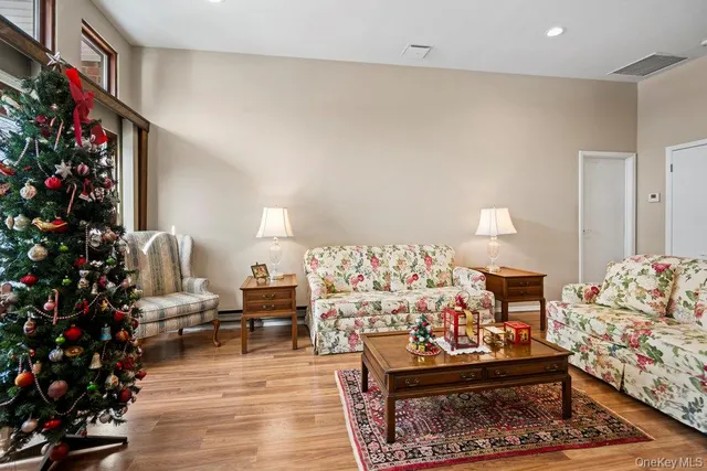 a living room with furniture and a potted plant