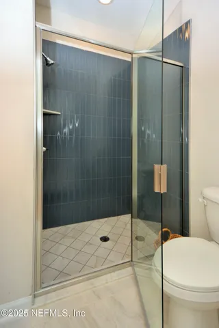 a bathroom with a shower and a toilet