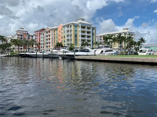 a view of a lake with a large building in the background