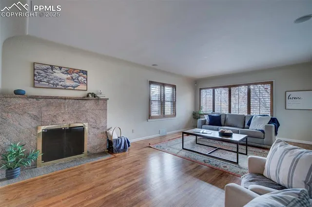a living room with furniture and a fireplace