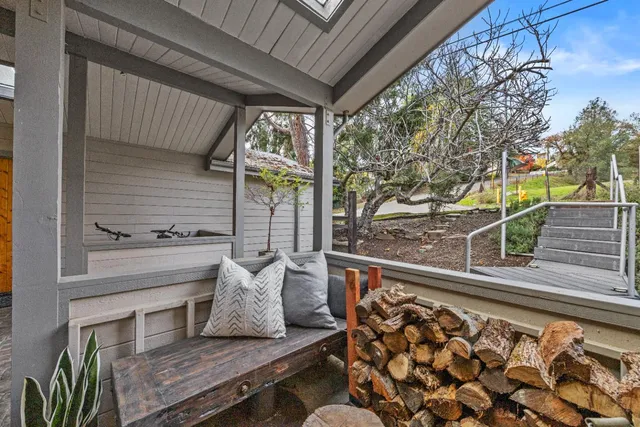 a view of a park with large trees