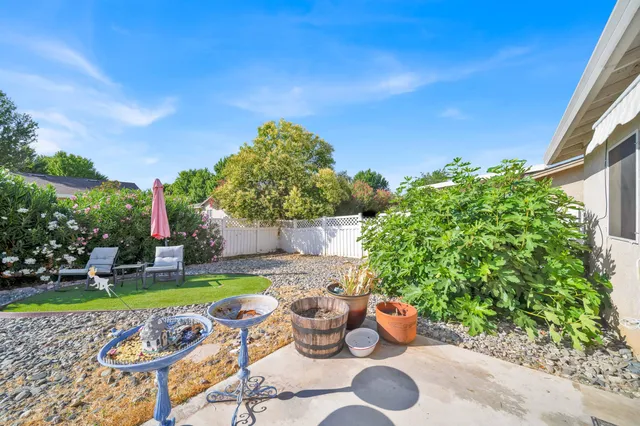 a backyard of a house with table and chairs plants and large tree