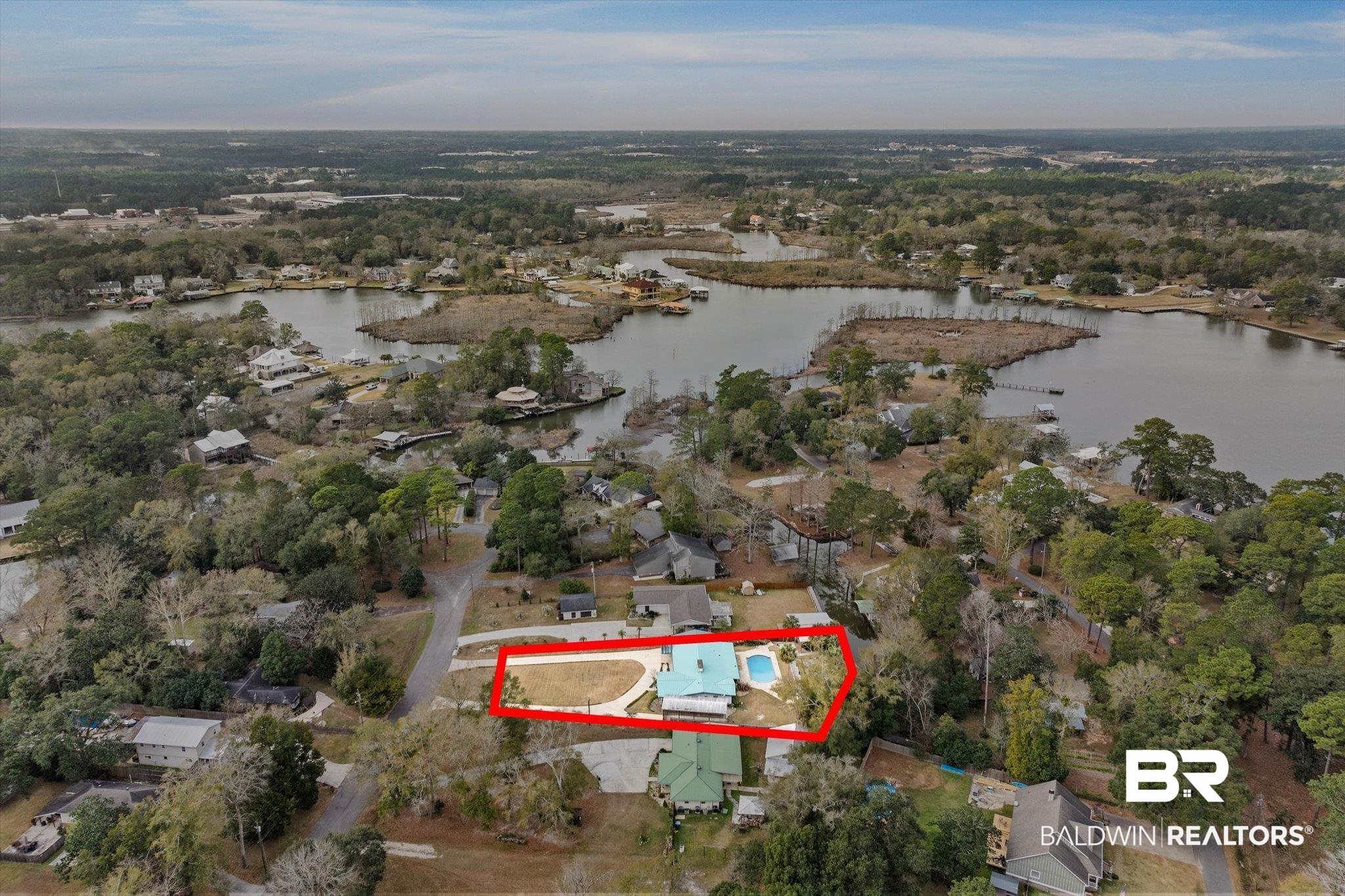 3720 Rabbit Creek Court Theodore, AL 36582 - Photo 35 of 47 Aerial view of property and surrounding area featuring property boundaries highlighted and a nearby body of water
