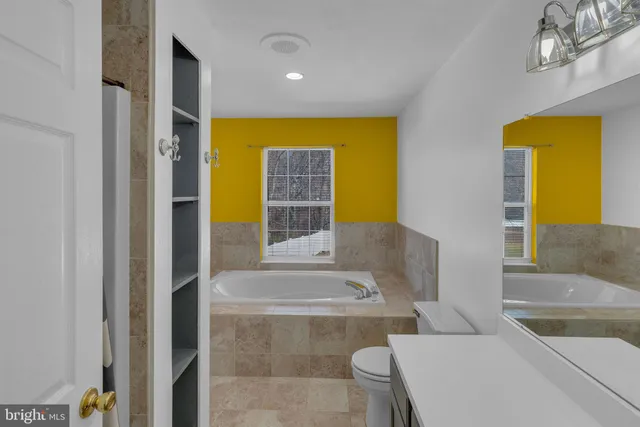 a bathroom with a tub sink and mirror