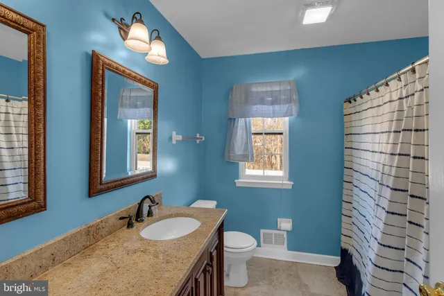 a bathroom with a sink a toilet and shower curtain