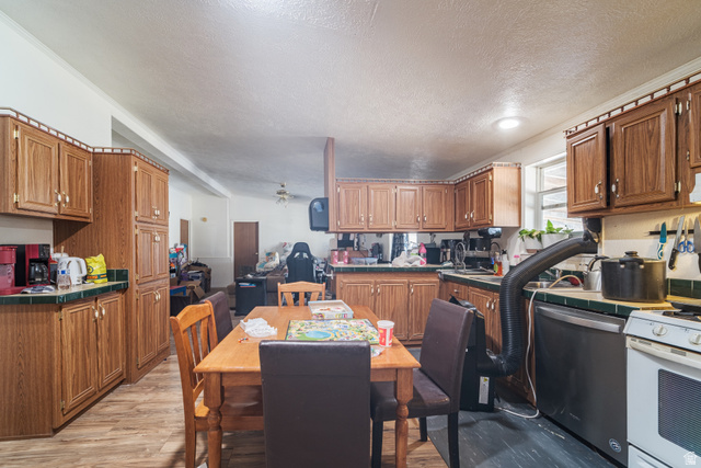 445 South Main Street Fayette, UT 84630 - Photo 32 of 45 Kitchen with tile countertops, wood finish cabinets, dishwasher, light wood-style floors, and a textured ceiling