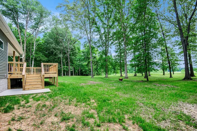 a view of a backyard with wooden fence and large trees