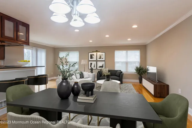 a view of a dining room with furniture