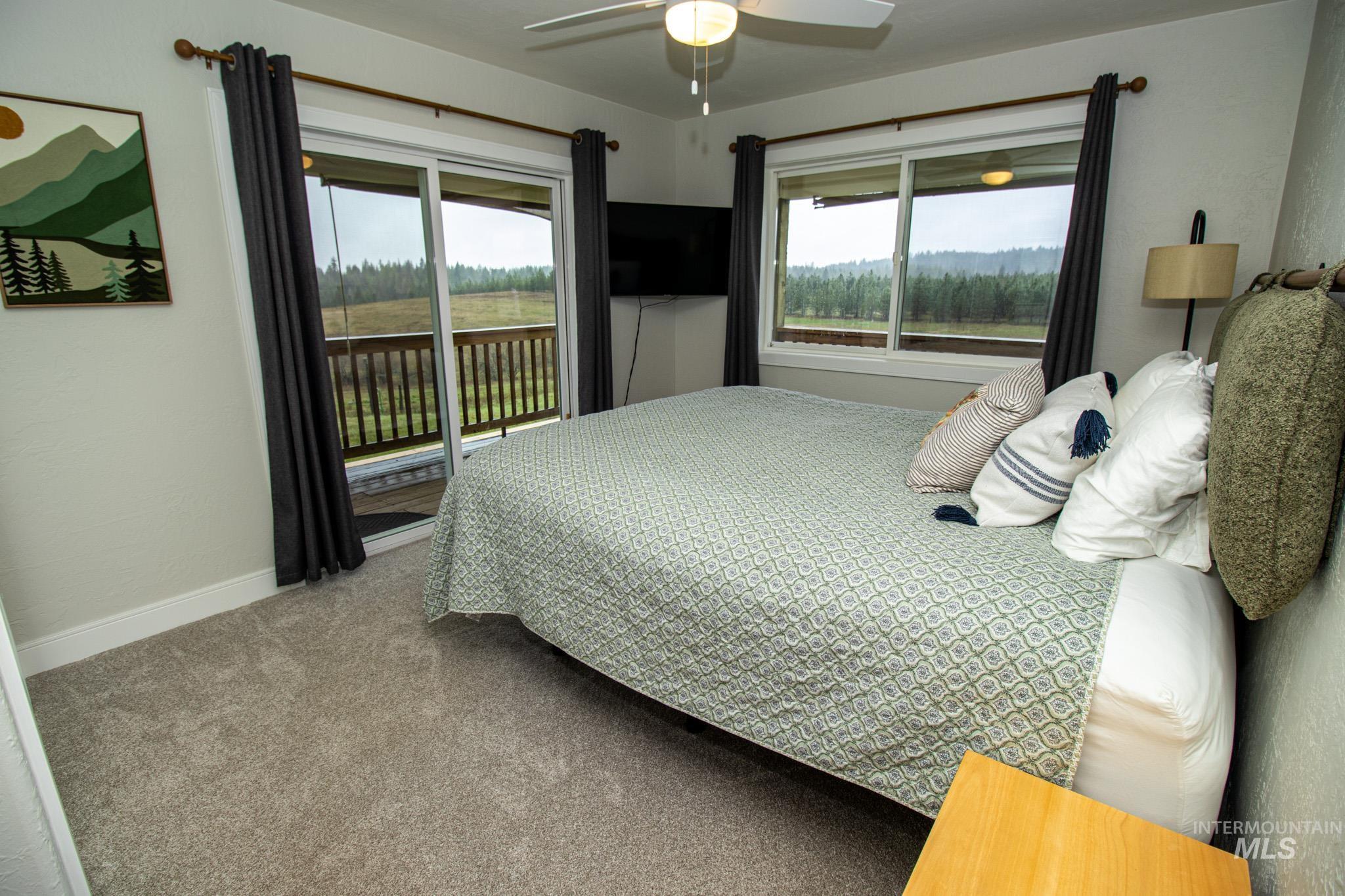 5404 Freeman Creek Road Lenore, ID 83541 - Photo 28 of 50 Carpeted bedroom with access to exterior, ceiling fan, and multiple windows