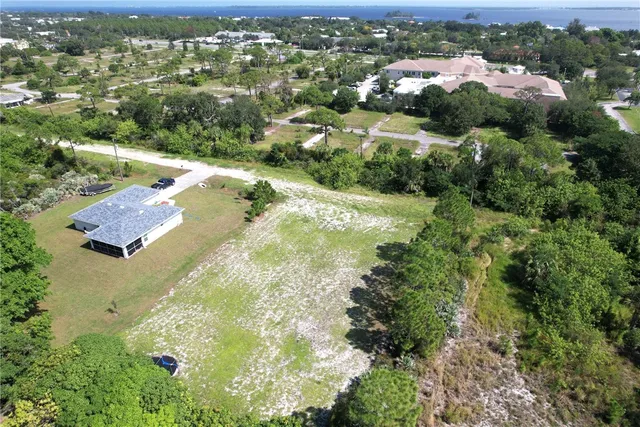 an aerial view of residential houses with outdoor space and trees