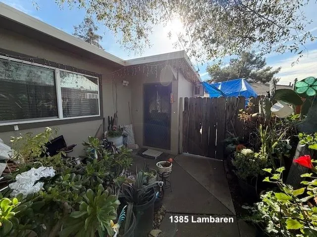 a potted plant sitting in front of a house with a flower garden