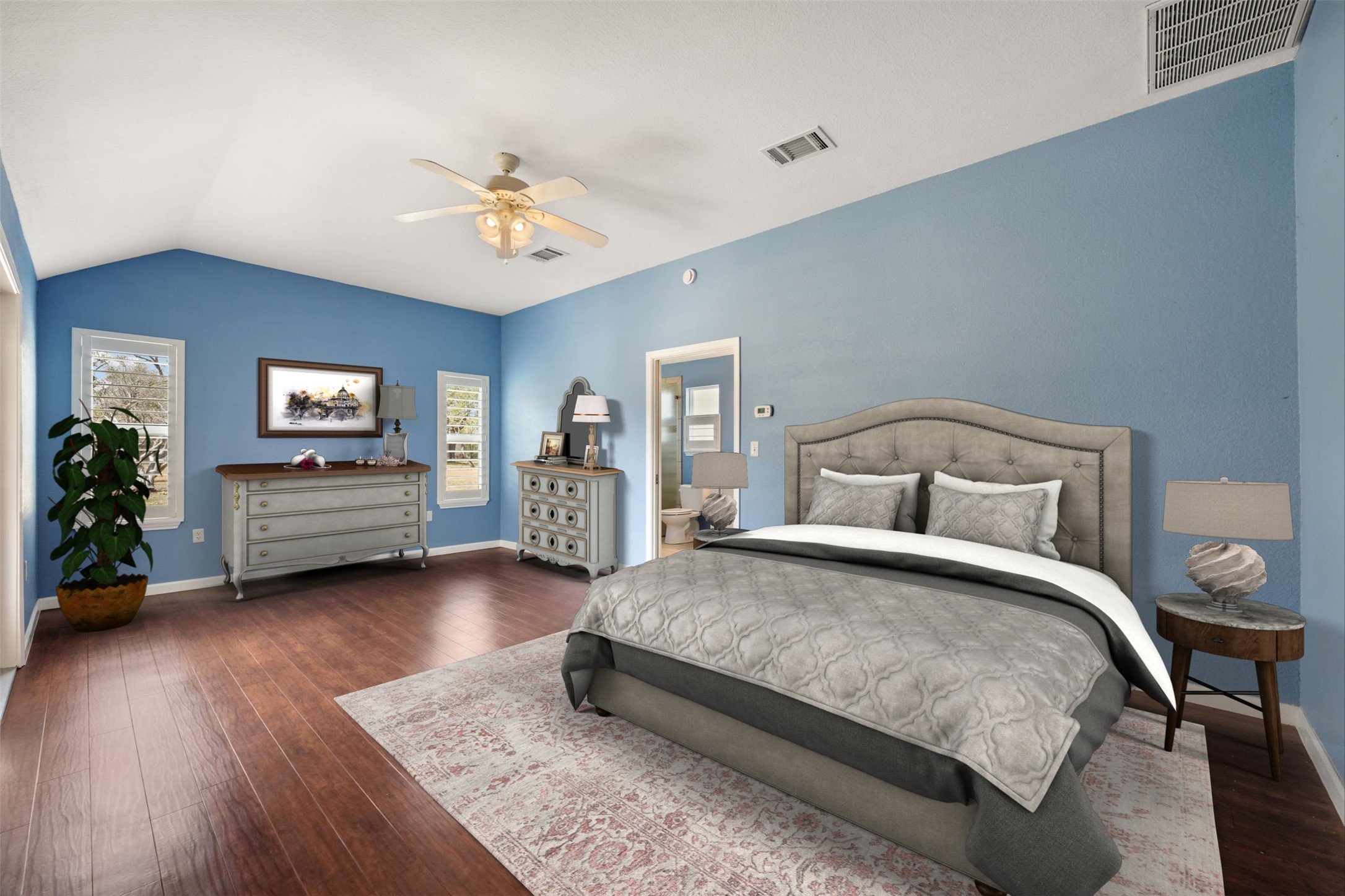104 Sunset Road Georgetown, TX 78633 - Photo 20 of 40 Virtually Staged. Bedroom with dark wood-style flooring, a ceiling fan, and lofted ceiling
