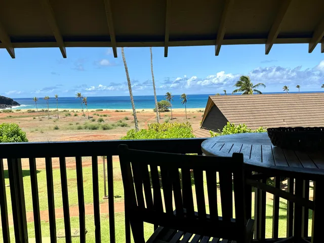 a view of a balcony with wooden floor