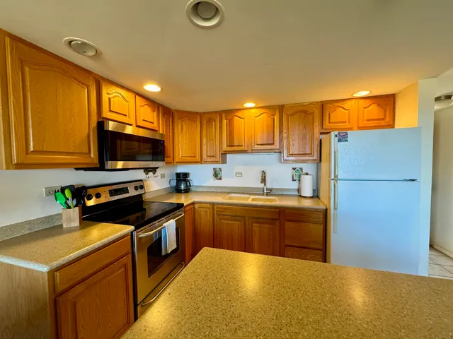 a kitchen with stainless steel appliances granite countertop a refrigerator a stove top oven a sink and dishwasher