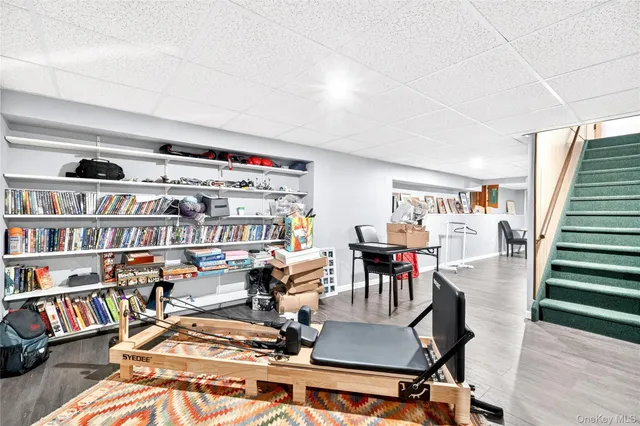 a living room with furniture and a book shelf