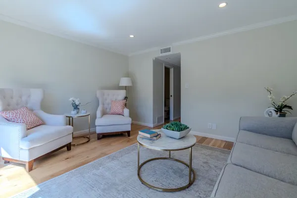 a living room with furniture and a potted plant