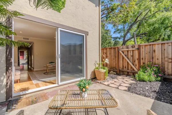 a view of a balcony with a potted plant and floor to ceiling window and wooden fence