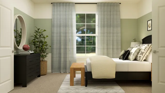 a bedroom with a bed wooden floor and window