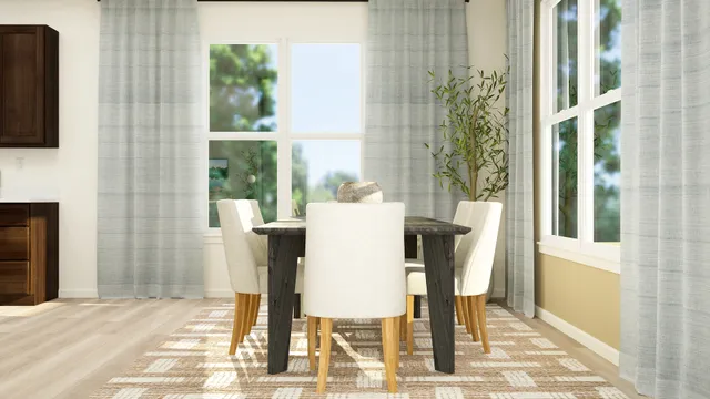 a dining room with furniture and a floor to ceiling window