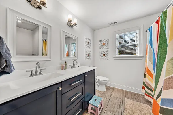 a bathroom with a sink a toilet a mirror a vanity and a shower