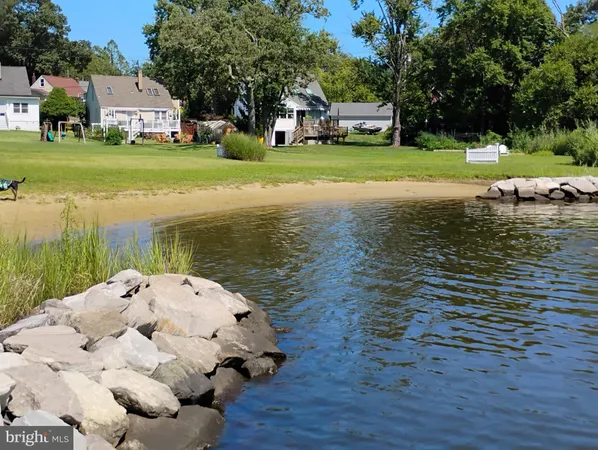 a view of a lake with a yard and large trees