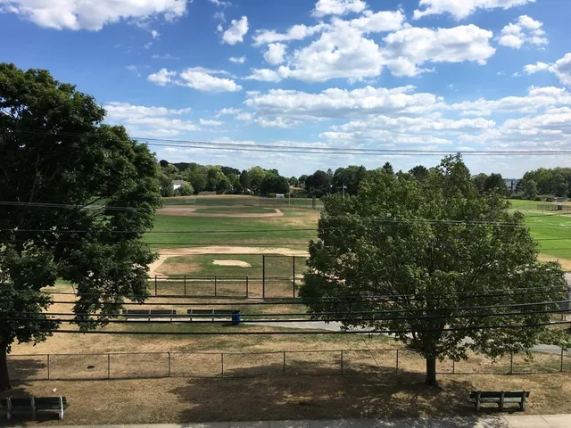 a view of a city street and a building in the background