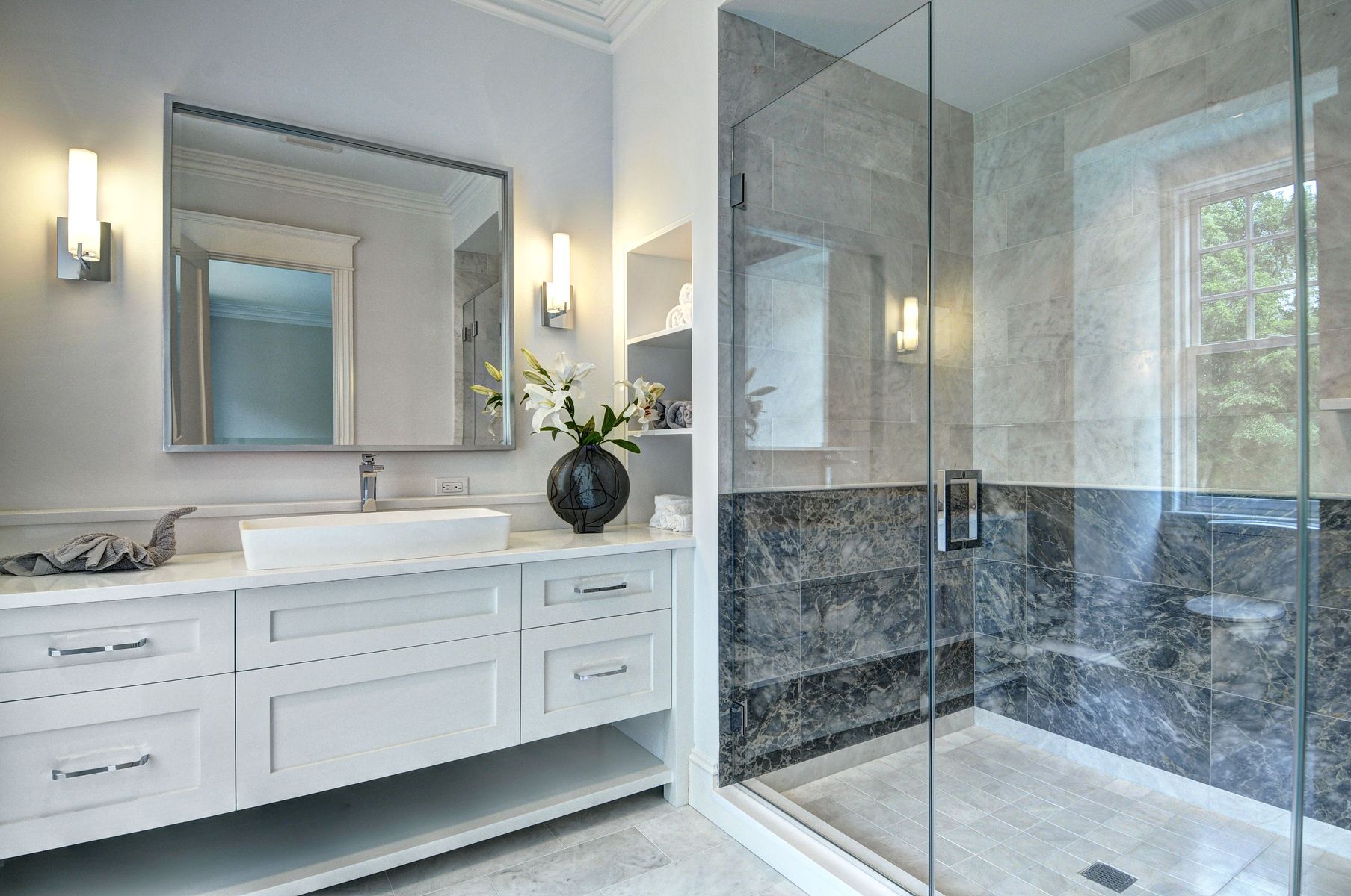 11 Jones Cove Road East Hampton, NY 11937 - Photo 18 of 25 a bathroom with a double vanity sink mirror and shower