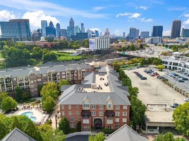 a city view with tall buildings