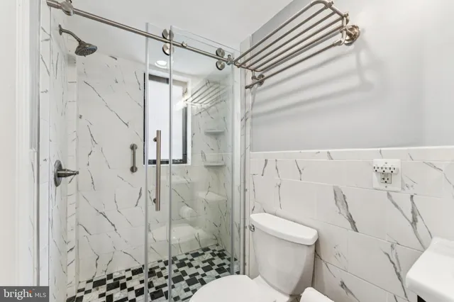 a bathroom with a shower and a toilet