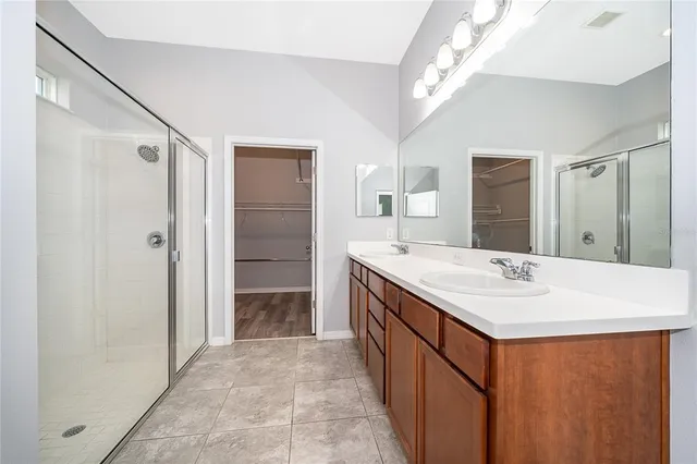 a bathroom with a sink a mirror and a shower