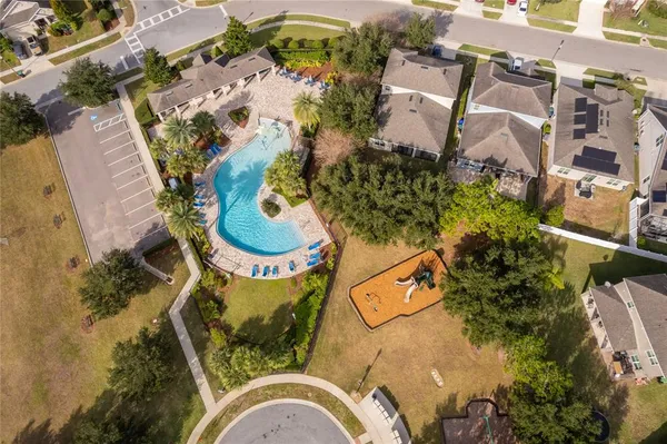 an aerial view of a swimming pool