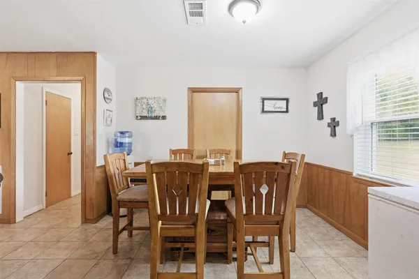 a view of a dining room with furniture and window