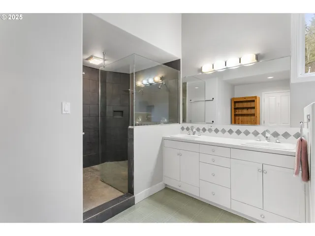 a bathroom with a sink a mirror and a shower