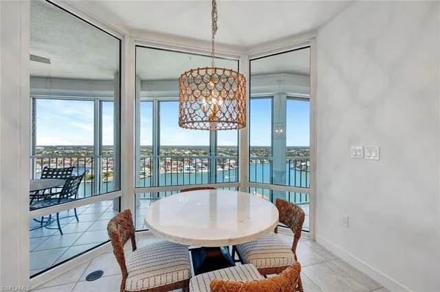 a view of a dining room with furniture window and outside view