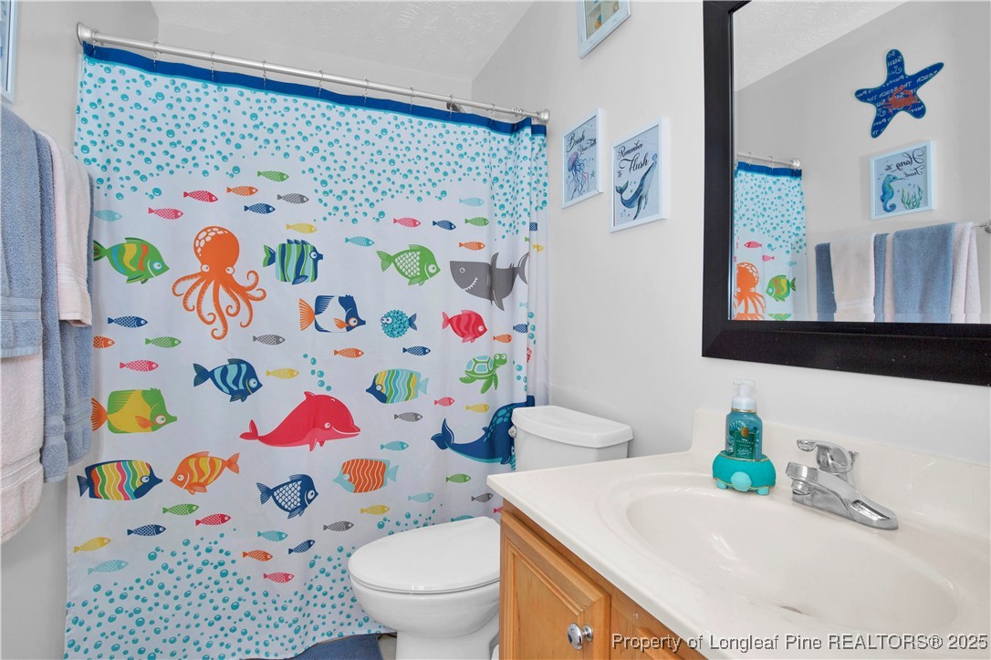 4891 Wade-Stedman Road Wade, NC 28395 - Photo 26 of 46 a bathroom with a sink a toilet and a shower curtain